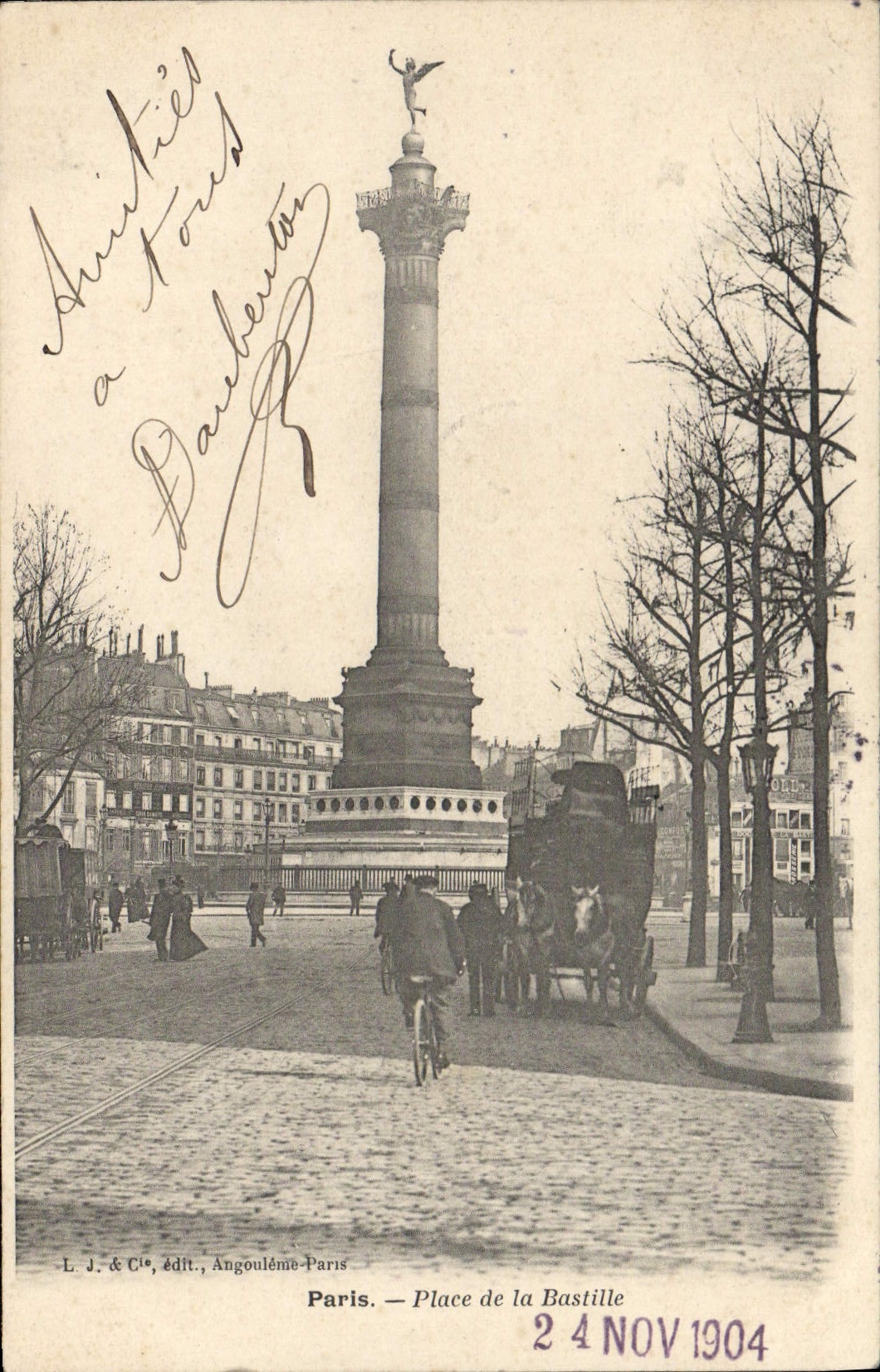 CPA Paris Place de la Bastille Caleche Chevaux Velo Cycle (animee)
