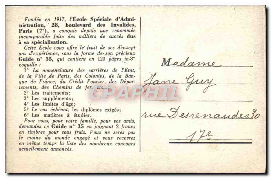 CPA Paris L'Hotel Particulier Ecole Speciale d'Administration Boulevard des Invalides  — Rückseite