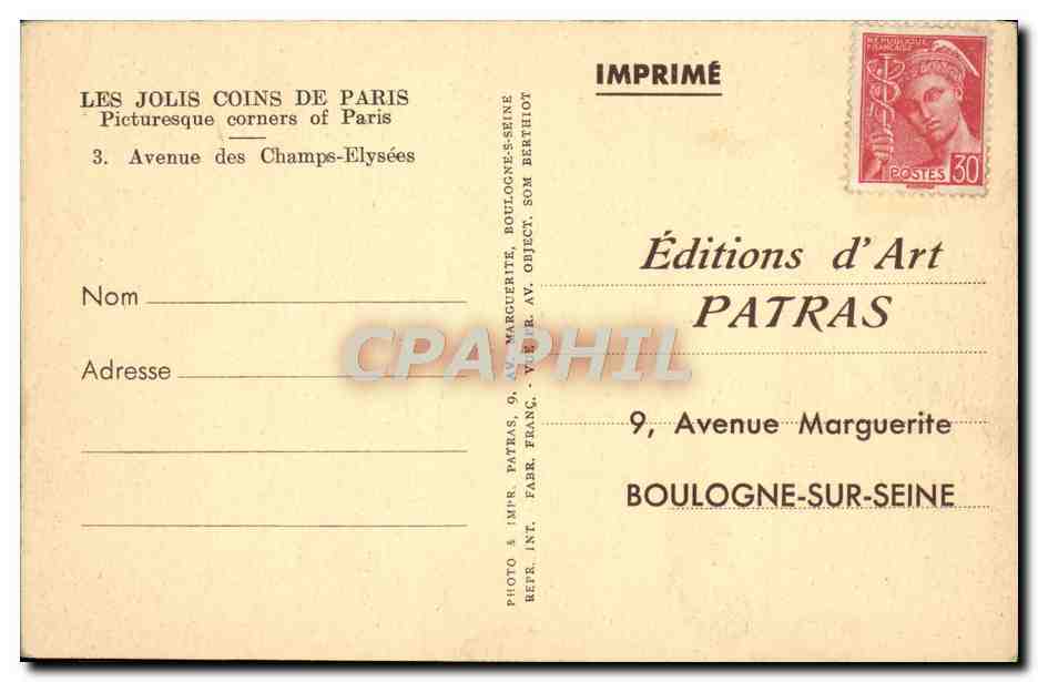 CPA Les Jolis Coins de Paris Avenue des Champs Elysees  — Rückseite