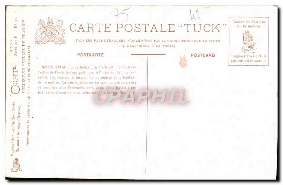 CPA Paris Notre Dame Facade — Verso