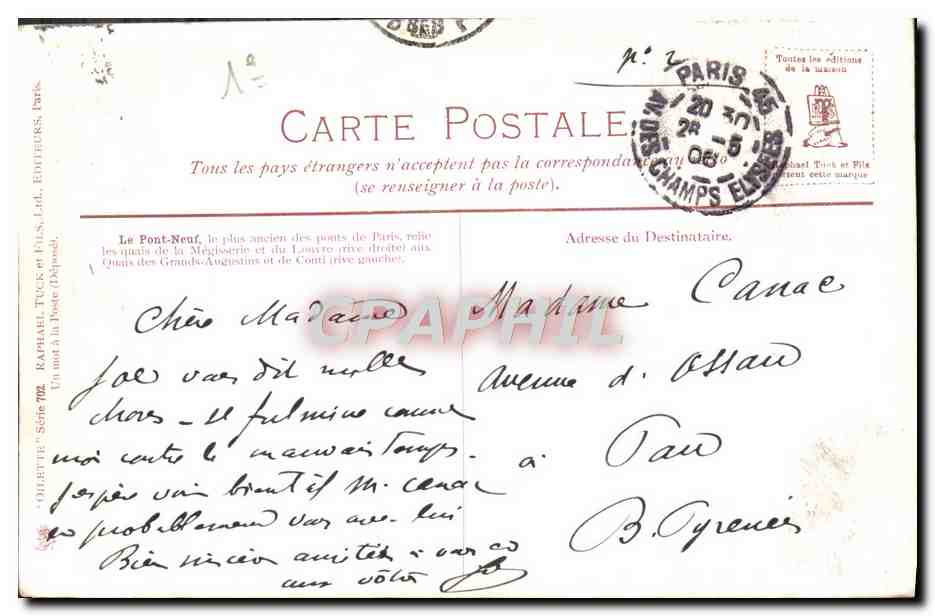 CPA Paris Le pont neuf — Verso