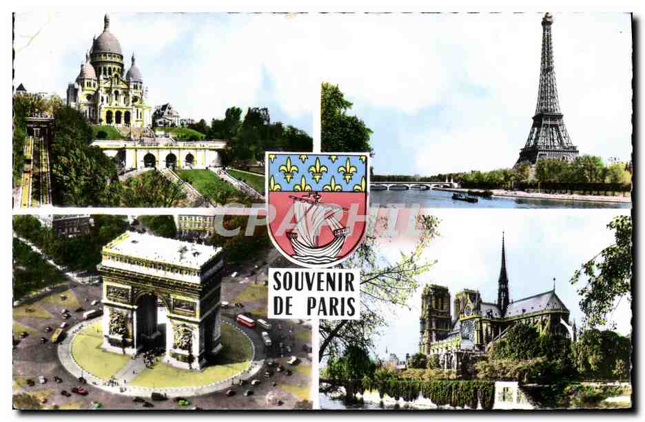 CPM Souvenir De Paris Sacre Coeur Tour Eiffel Arc de Triomphe Notre Dame