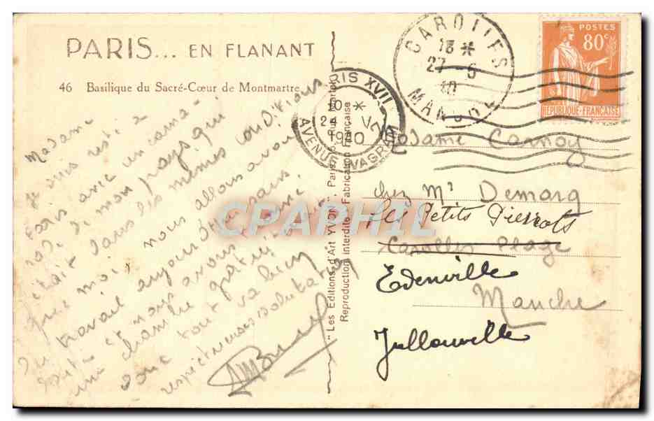 Tarjeta postal antigua París Basílica del Sagrado Corazón de Montmartre — Reverso