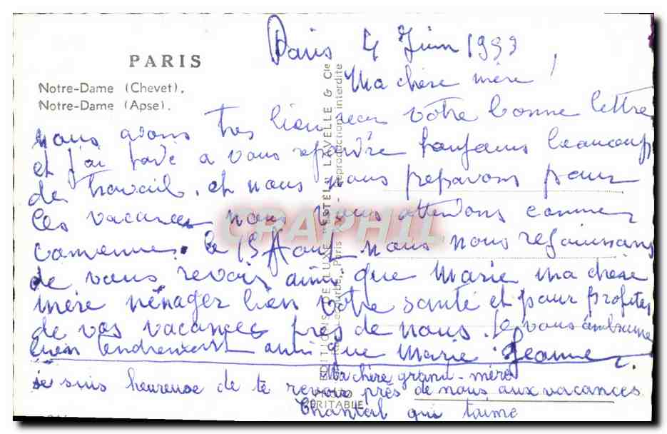 CPM Paris Notre Dame — Verso