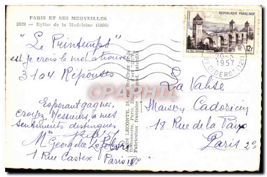 CPM Paris Et Ses Merveillles Eglise De La Madeleine — Verso