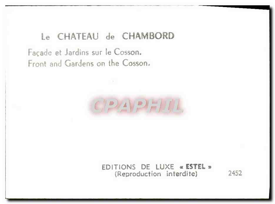 CPM Chambord Le chateau Facade et jardins sur le Cosson — Verso