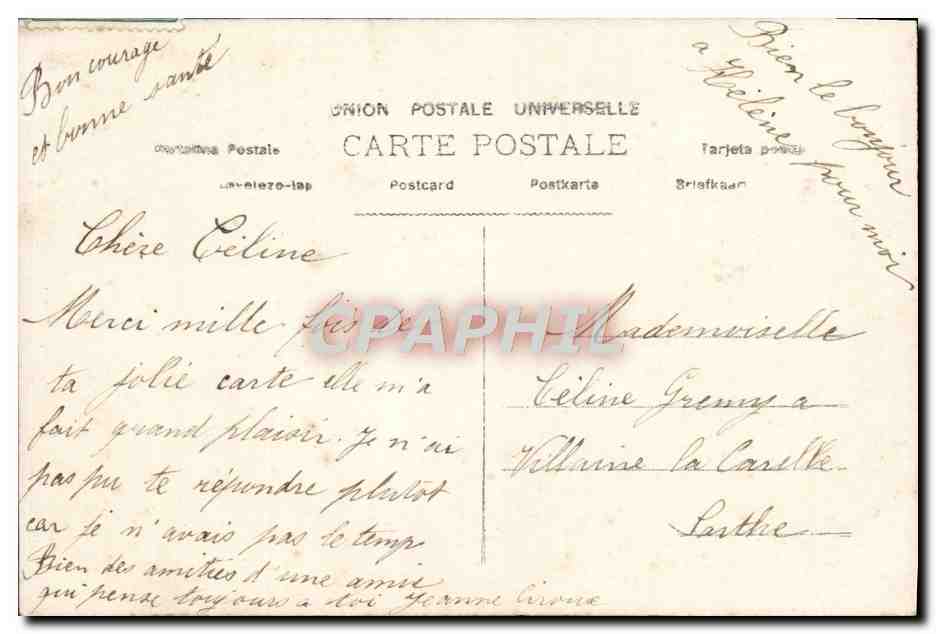 Femme en robe ornée tenant un bouquet — SINCERE AMITIÉ — éditeur Union Postale Universelle, n° 148 — Rückseite