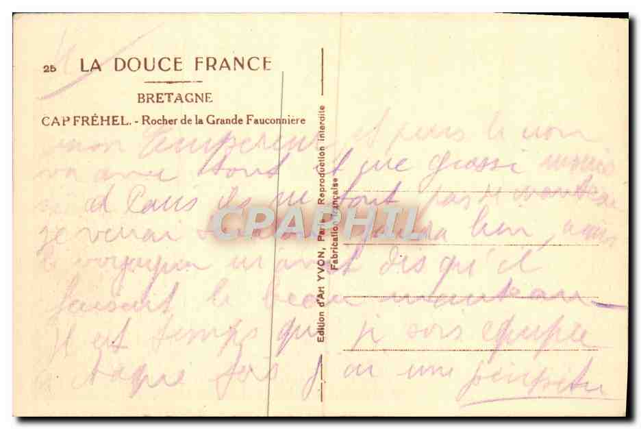 CPA Cap Frehel Rocher de la Grande Fauconniere Faucon Rapace — Rückseite