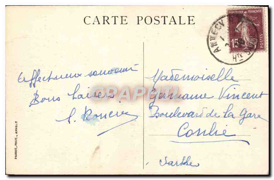 Lac d'Annecy — Montagne d'Entreverne et le Charbon — Sites pittoresques de Savoie — éditeur DUINGT, n° 303 — Verso
