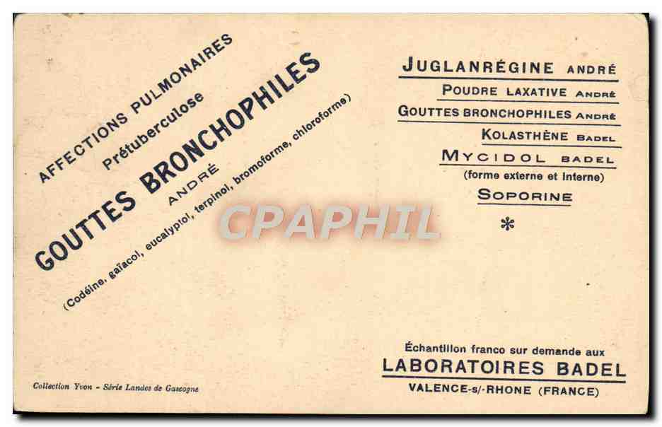 CPA La Douce France Lever de Soleil en Foret Publicite Sante Gouttes bronchophiles Laboratoires Badel Valence sur Rhine — Rückseite