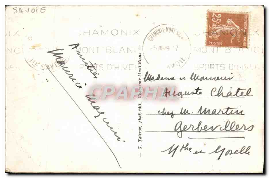 Chamonix-Mont-Blanc — Seilbahn Plan-Pratz und der Mont-Blanc — Foto von G. Tairraz — Rückseite