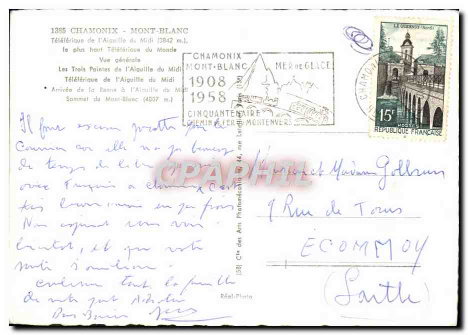 CPM Chamonix Mont Blanc Aiguille du Midi Teleferique de l'aiguille du Midi Les trois pointes de l'aiguille Alpinisme — Verso