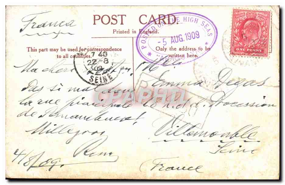 CPA Vua do Coligna Pernambuco Cachet Posted on the high seas Arago Ayas — Rückseite