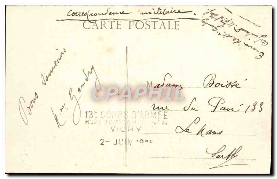 CPA Vichy Source de l'Hopital Cachet 13eme Corps d'armee Hopitail temporaire 44 — Back