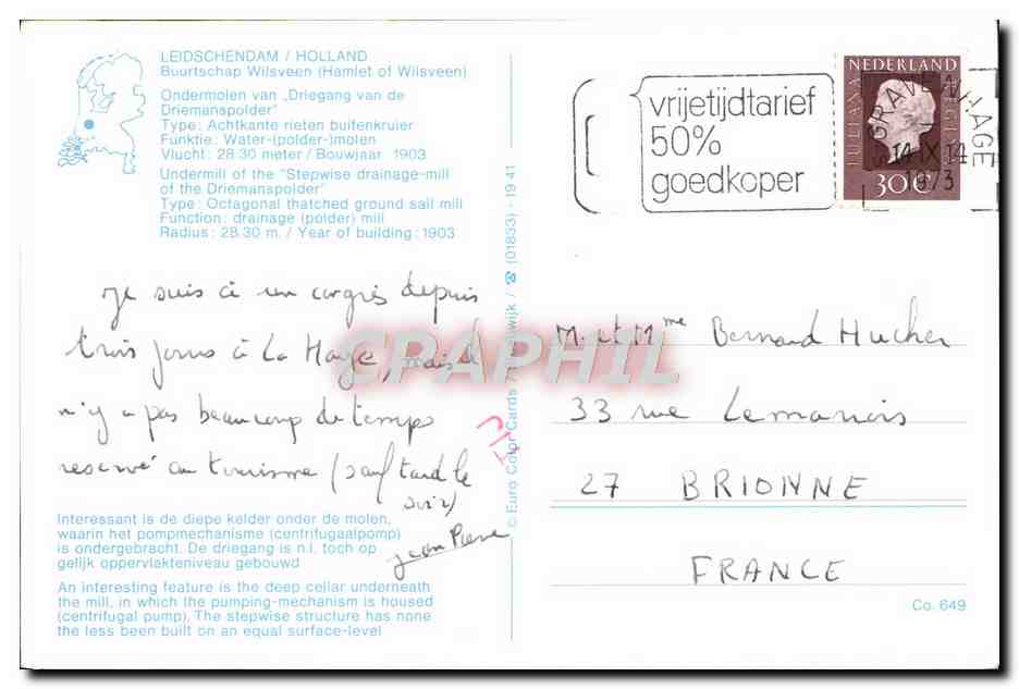 Moulin à vent de Leidschendam — Holland — éditeur CPAPHIL, n° de série 649 — Reverso