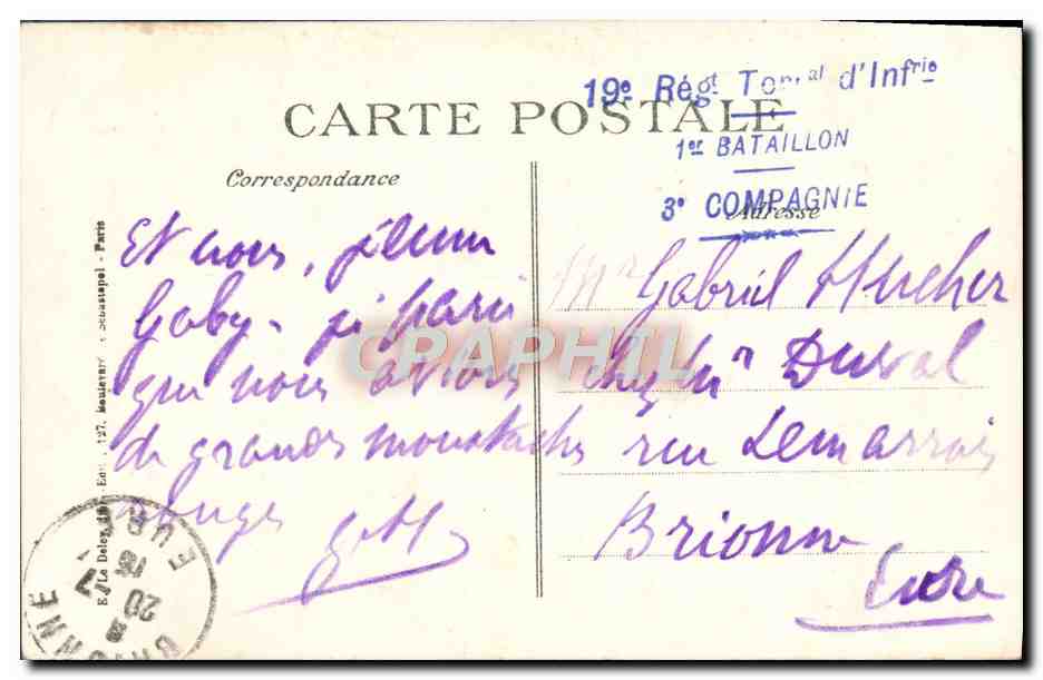 CPA Militaria Mitrailleurs En Action Soldats cachet 19eme rgt d'infanterie 1er bataillon 3eme Cie — Rückseite