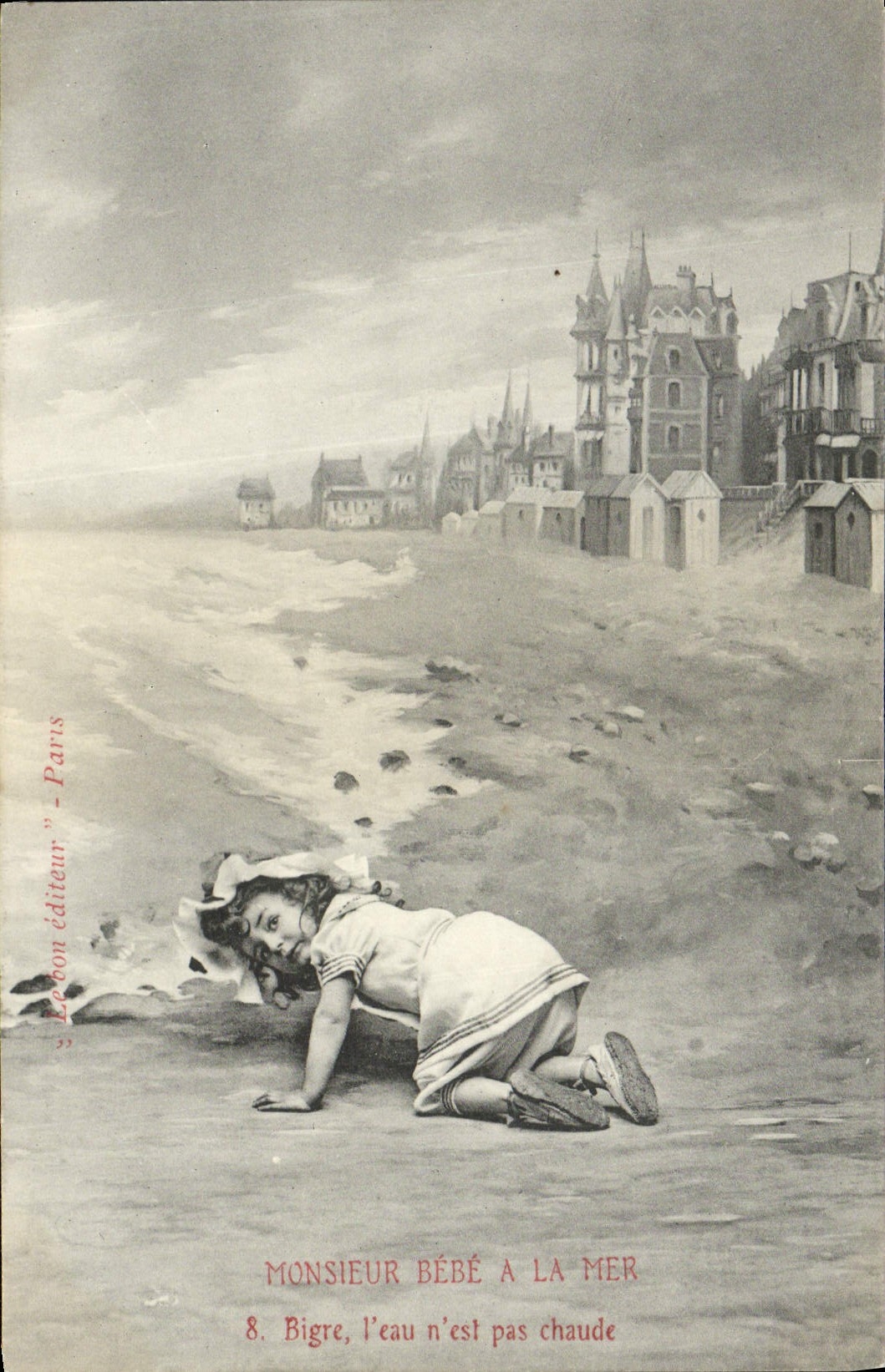 CPA Fantaisie Enfant Monsieur Bebe a la mer Bigre l'eau n'est pas chaude