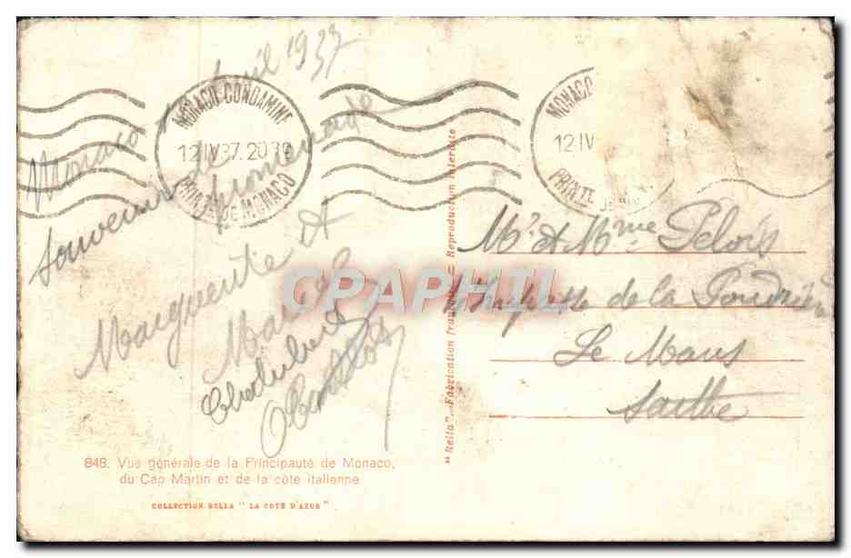Vue générale du Cap Martin et de la côte italienne — Monaco — éditeur Rella, n° 848 — Verso