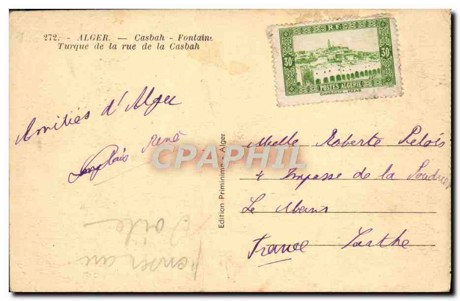 CPA Alger Casbah Fontain Turque de La Rue De La Casbah — Back