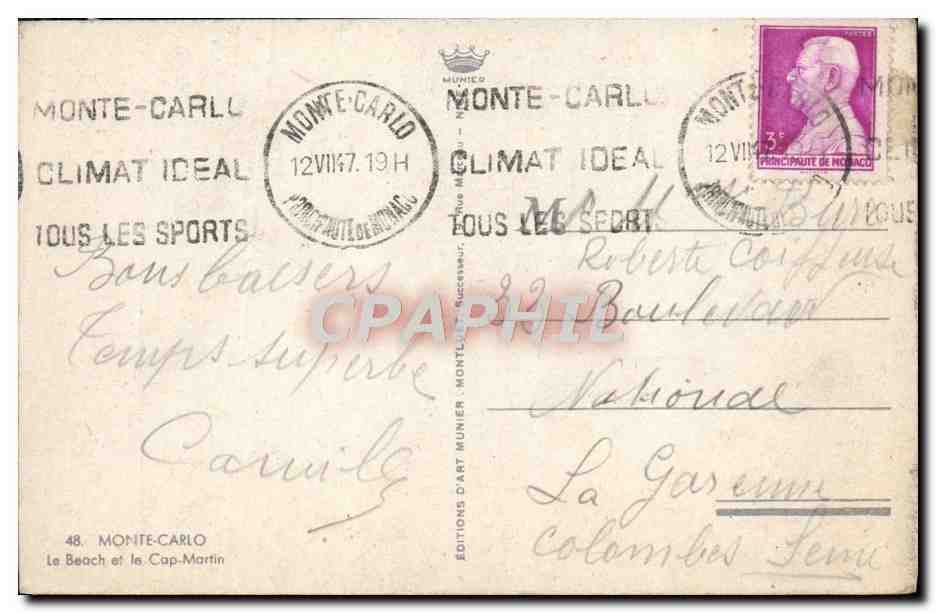 CPA Monte Carlo Le Beach Et La Cap Martin — Verso