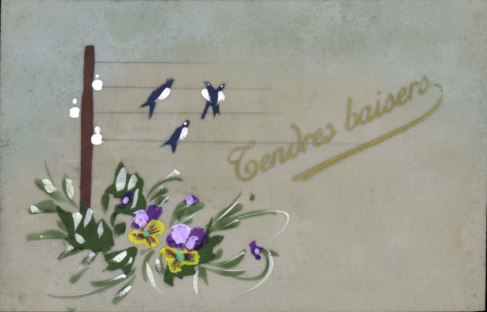 CPA Fantaisie Fleurs Hirondelles