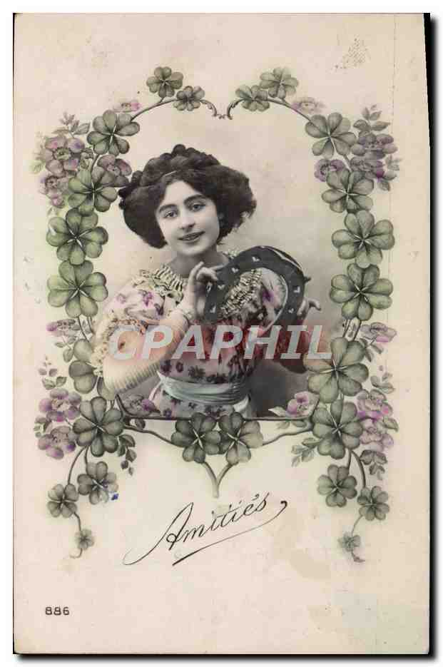 Jeune femme avec tambourin — cadre de trèfles — éditeur anonyme, n° 886