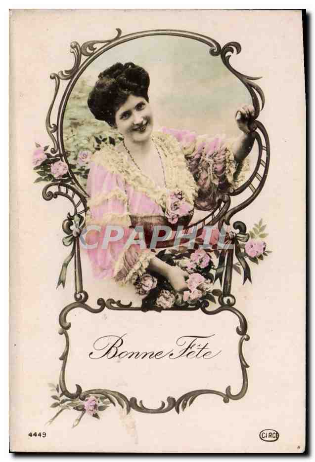 Femme souriante dans cadre floral — Bonne Fête — CIRC 4449