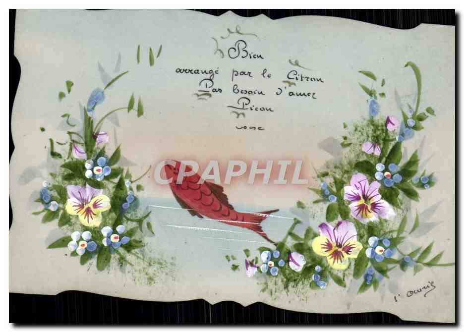 CPA Fantaisie Poisson Fleurs (carte transparente dessin a la main)