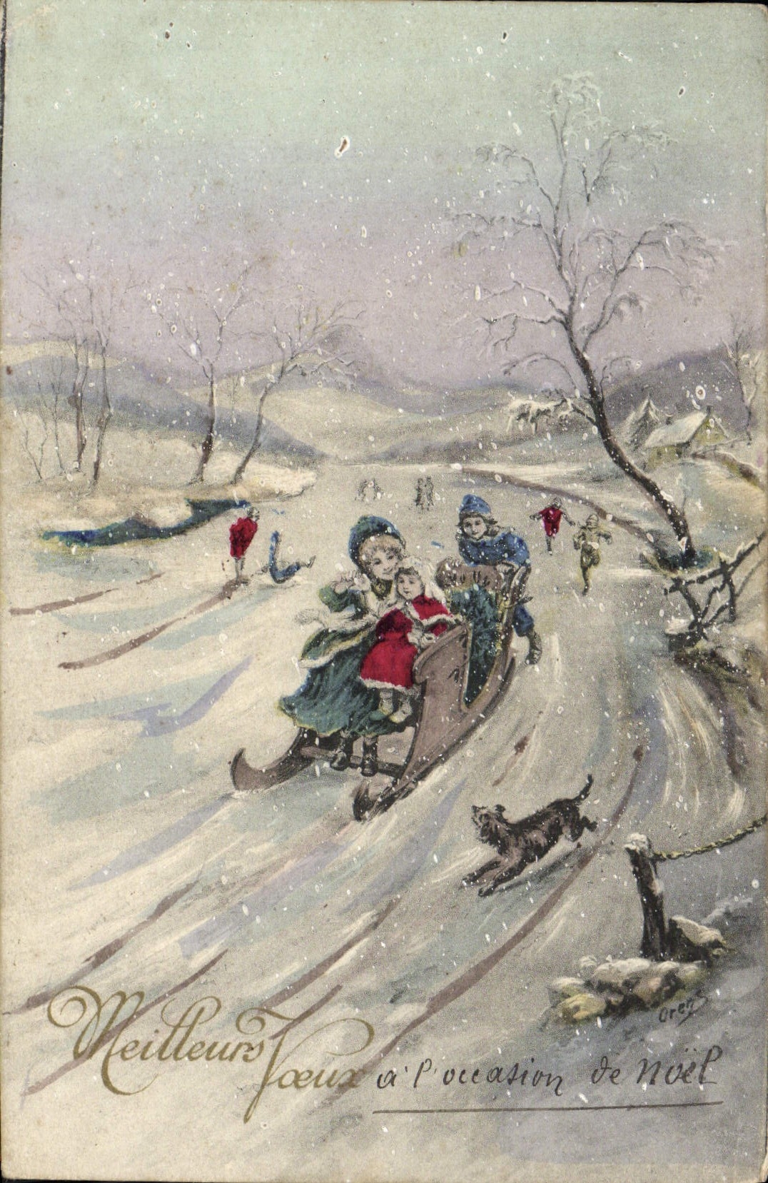CPA Fantaisie Enfants Luge Chien 