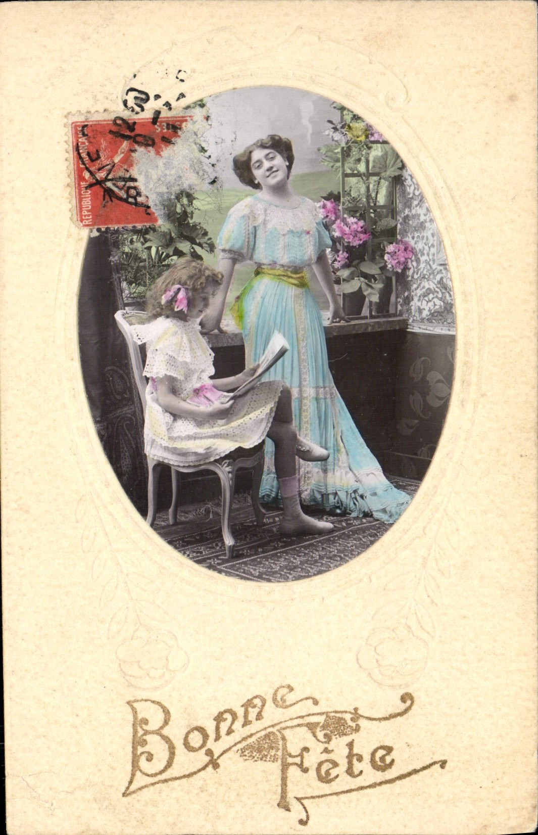 Vintage Postcard — Fantasy Woman and Child Happy Birthday