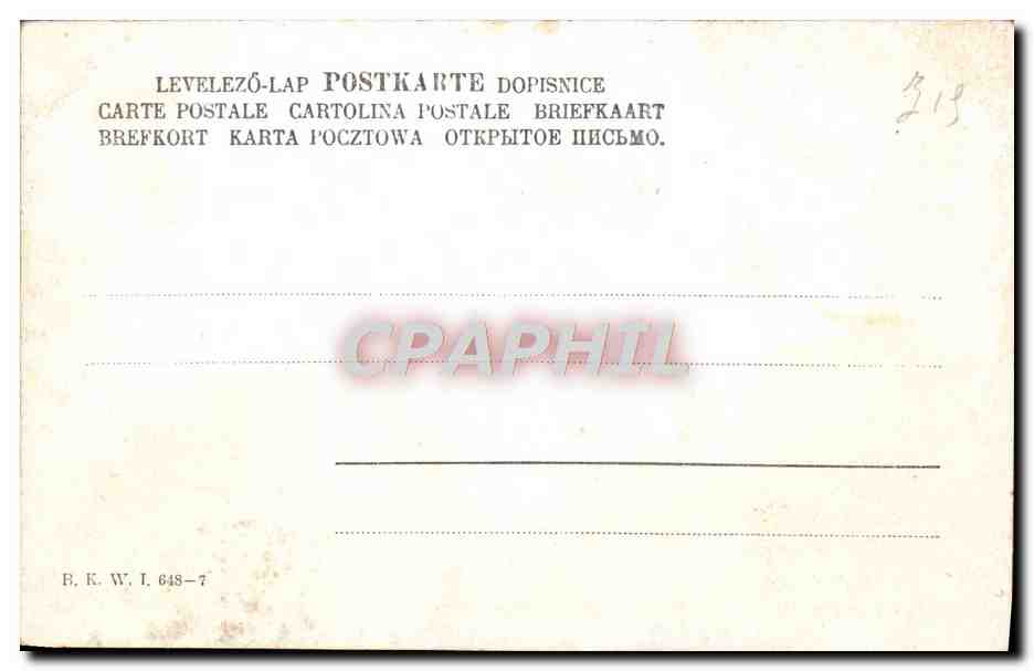 Frau auf den Feldern mit Hühnern — Verlag B. K. W., Nr. 648-7 — Rückseite