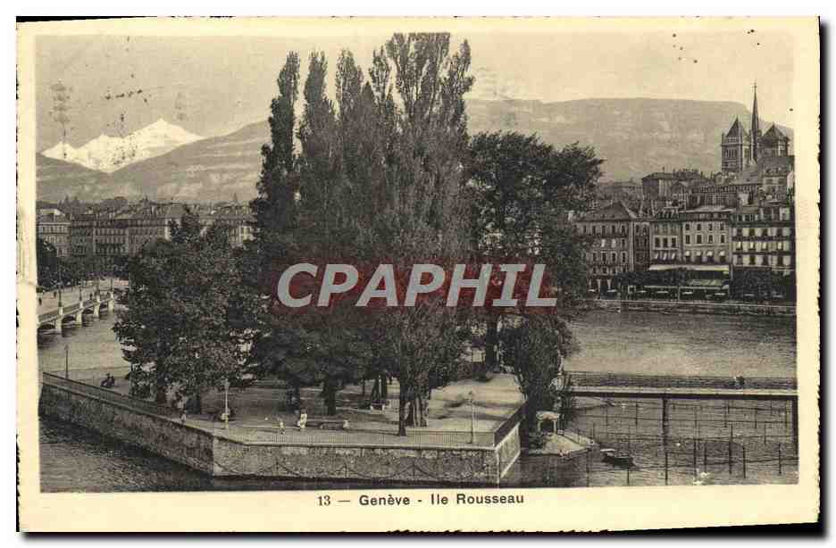 Geneva - Rousseau Island — panoramic view with mountains in the background — unidentified publisher, no. 13