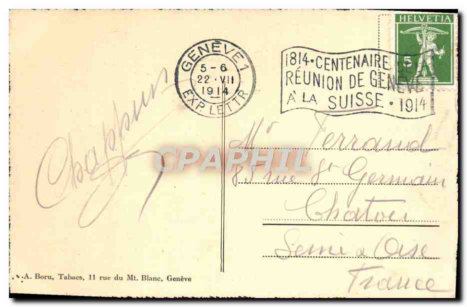 Geneva - Rousseau Island — panoramic view with mountains in the background — unidentified publisher, no. 13 — Back