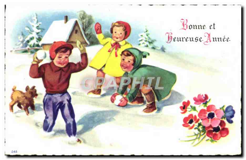 CPA Fantaisie Enfants Bataille de boules de neige Chien 