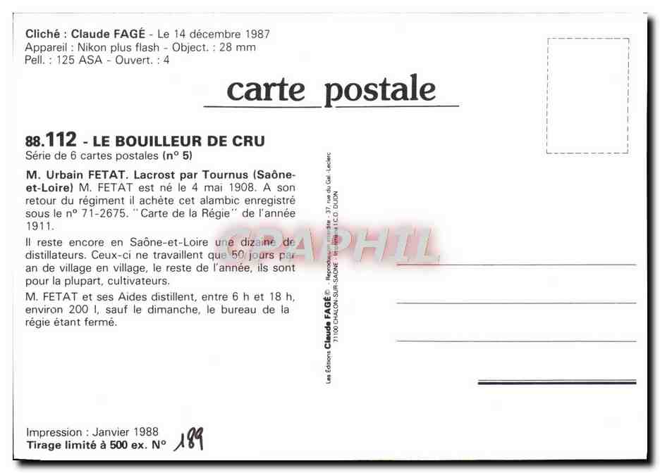 CPM Claude Fage 1987 Le bouilleur de Cru  — Rückseite