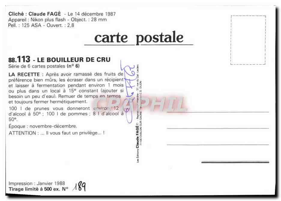 CPM Claude Fage 1987 Le bouilleur de Cru  — Rückseite