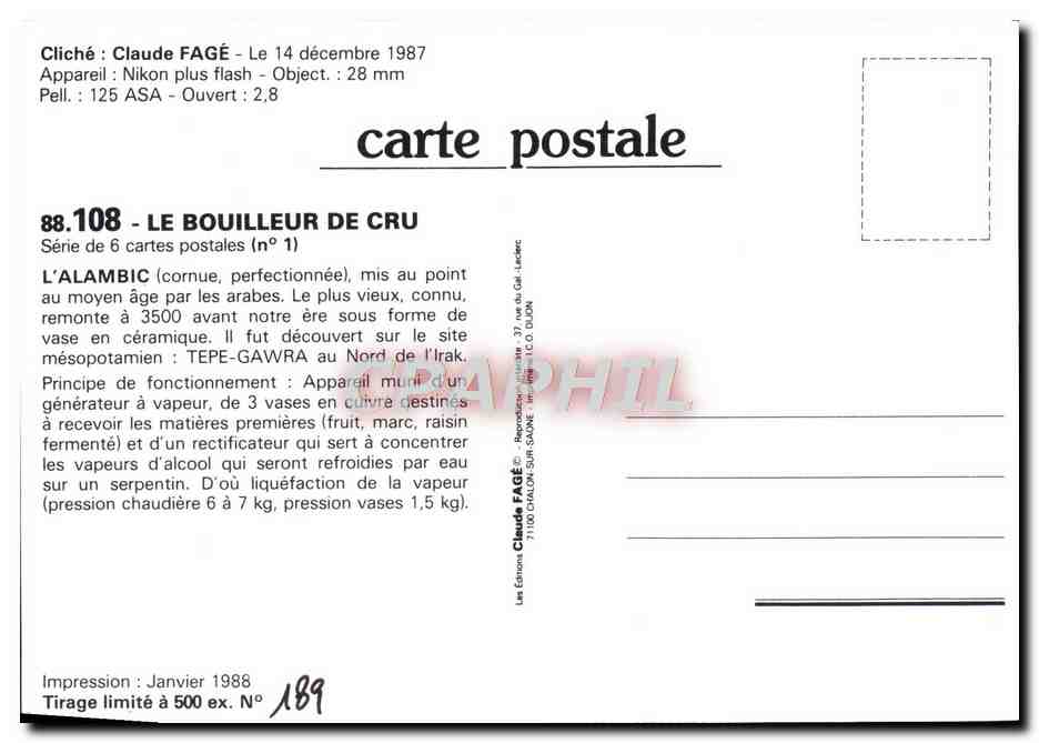 CPM Claude Fage 1987 Le bouilleur de Cru  — Rückseite