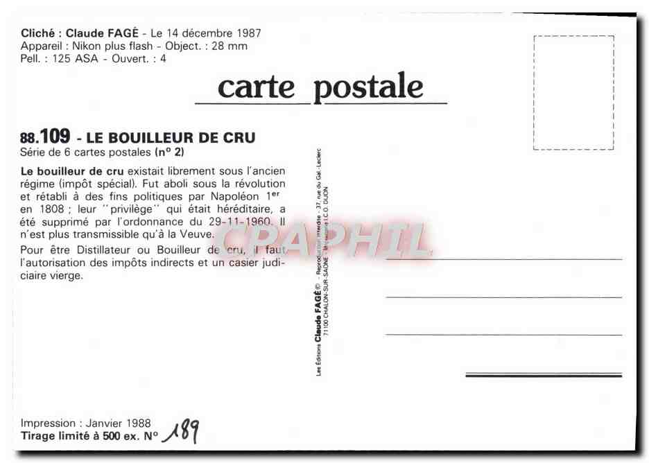CPM Claude Fage 1987 Le bouilleur de Cru  — Rückseite