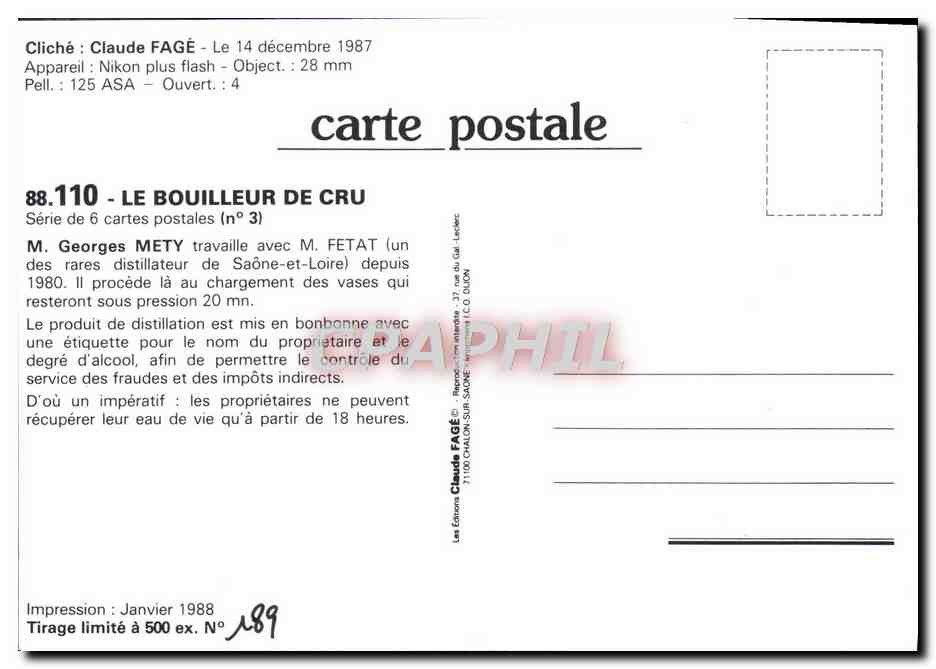 CPM Claude Fage 1987 Le bouilleur de Cru  — Rückseite