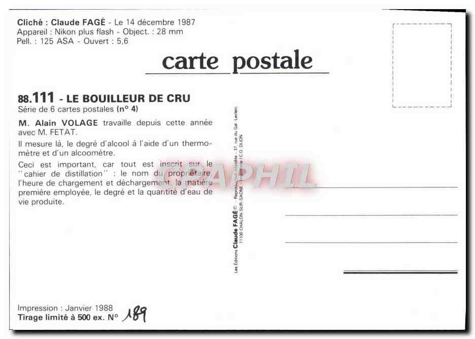 CPM Claude Fage 1987 Le bouilleur de Cru  — Rückseite
