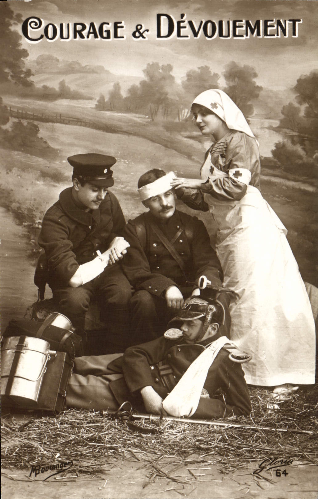 Courage & Dévouement — scène de soins aux soldats — éditeur M. Baudelanges, n° 64