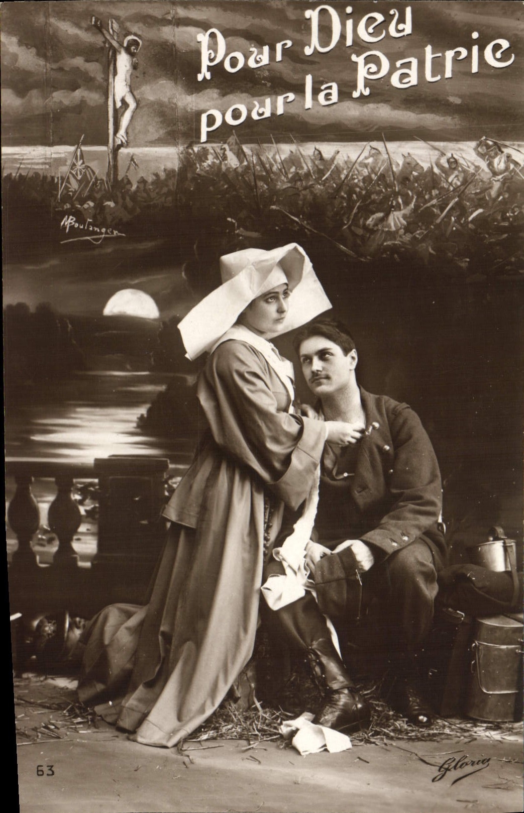 Sujet patriotique — soldat et infirmière — éditeur Gloria, n° 63