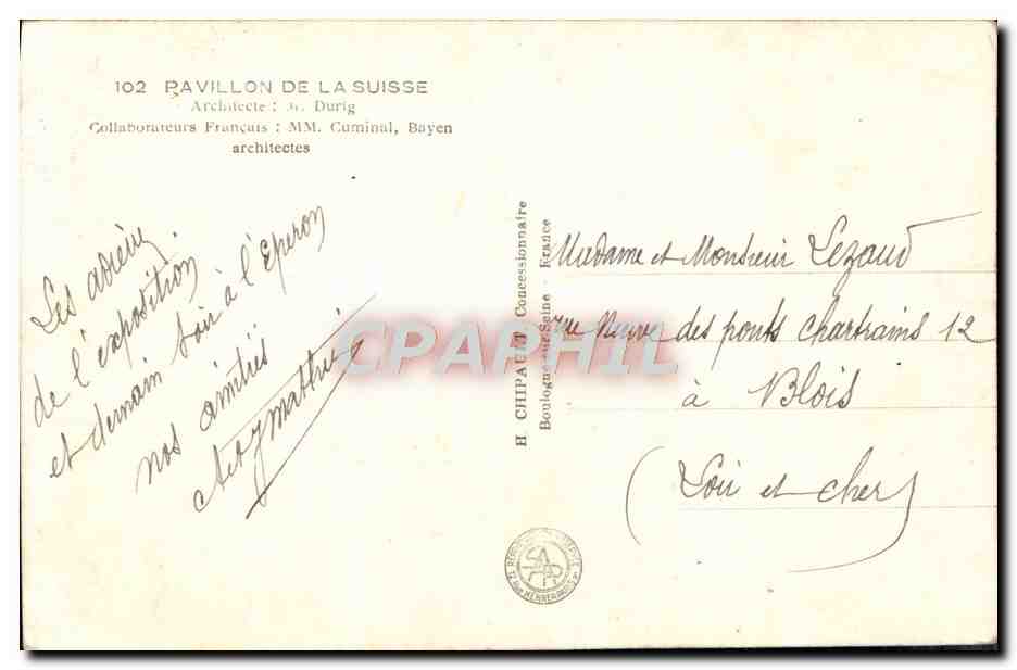 Internationale Ausstellung Paris 1937 — Pavillon der Schweiz — Verlag: H. Chipa — Rückseite