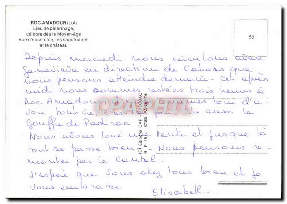 Roc-Amadour (Lot) — Lieu de pèlerinage, vue d'ensemble, les sanctuaires et le château — Éditions CAP, n° 58 — Rückseite