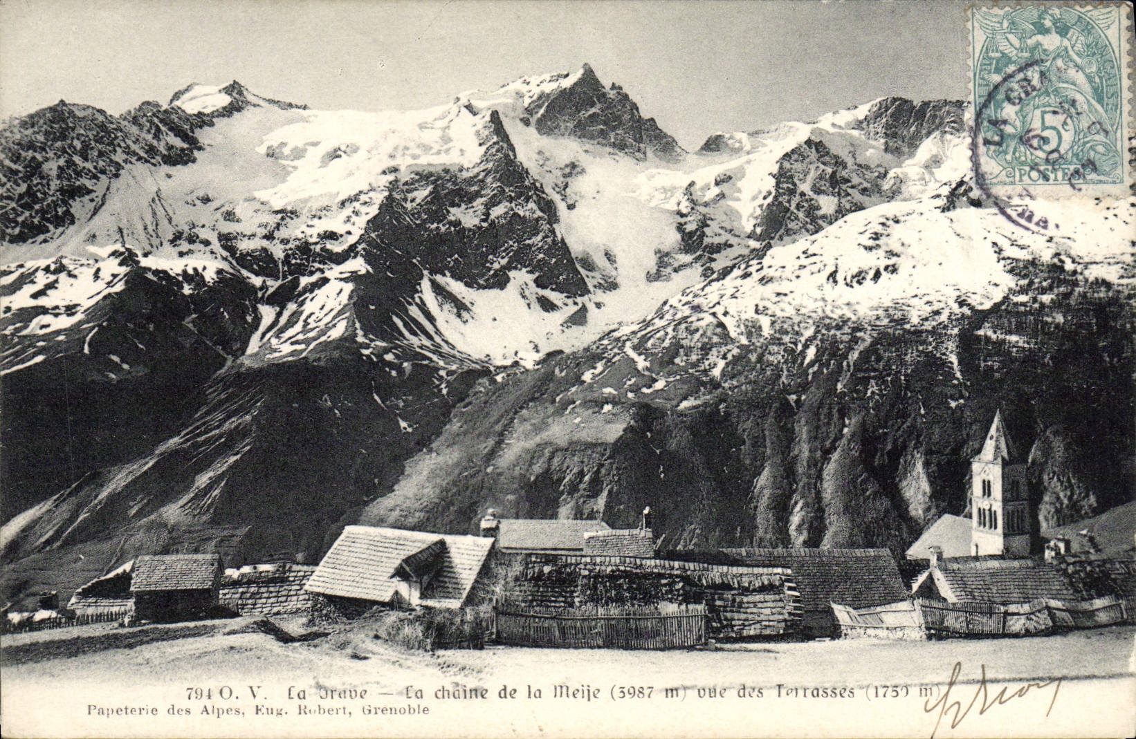 La Drave — Die Meije-Kette (3987 m) von den Terrasses (1759 m) aus gesehen — Papeterie des Alpes, Eug. Robert, Grenoble
