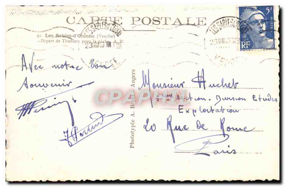Les Sables-d'Olonne (Vendée) — Abfahrt der Thoriers zur Fischerei — Phototypie A. Baille Angers — Rückseite