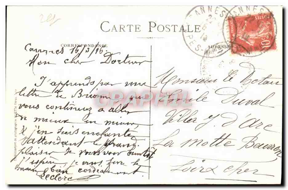 CPA Cannes Les Mouettes sur la Plage  — Verso