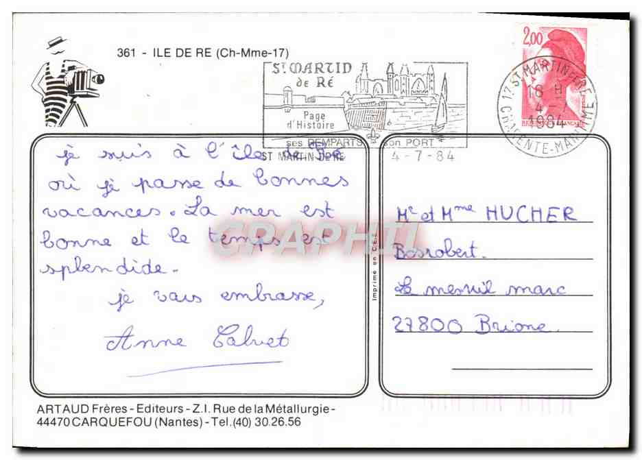 Île de Ré — Vue aérienne, phare des Baleines, ânes en culotte, anse de Trousse Chemise — Artaud Frères — Rückseite