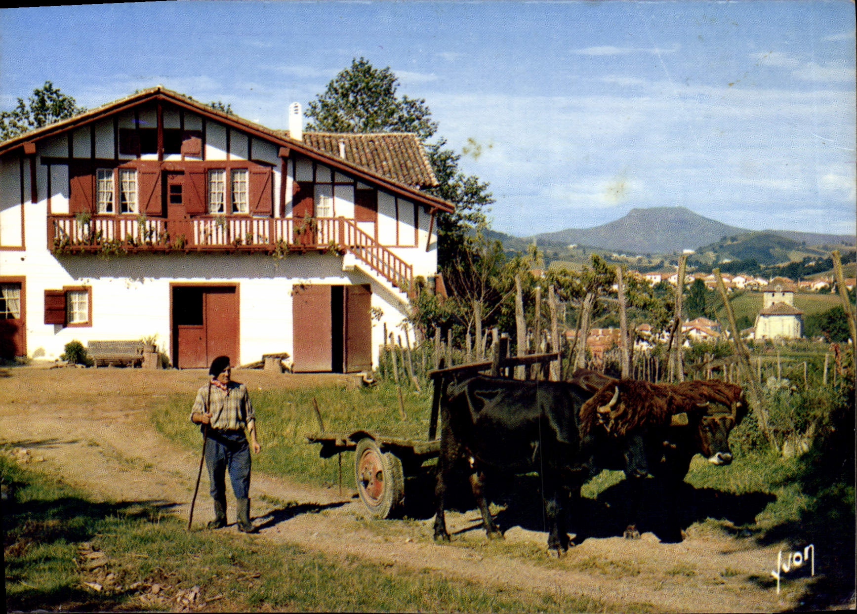 CPM Espelette Vue generale Attelage Boeufs Pays Basque
