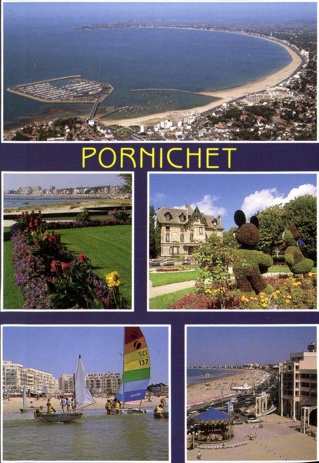 CPM Pornichet la plage le port et l'hotel de ville